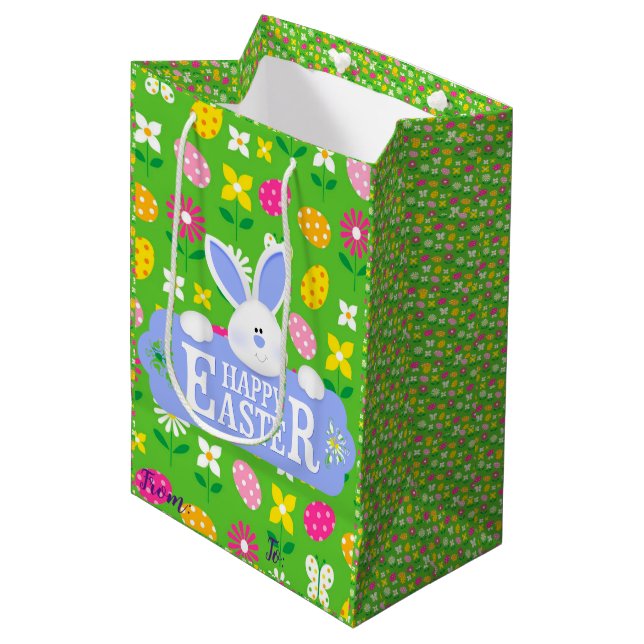 Happy Easter Holiday Bunny Floral Medium Gift Bag (Front Angled)
