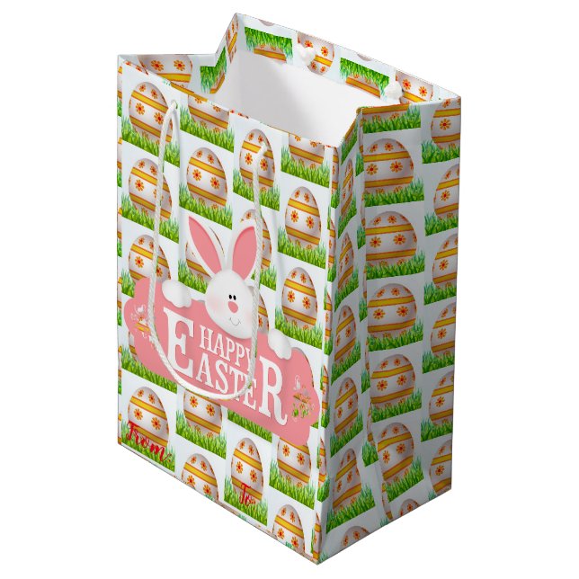 Happy Easter Holiday Bunny Floral Medium Gift Bag (Front Angled)