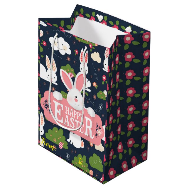 Happy Easter Holiday Bunny Floral Medium Gift Bag (Front Angled)