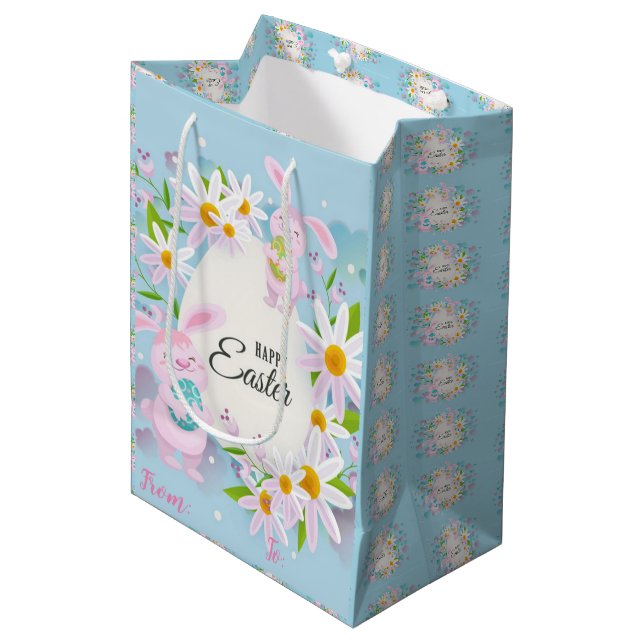 Happy Easter Holiday Bunny Floral Medium Gift Bag (Front Angled)