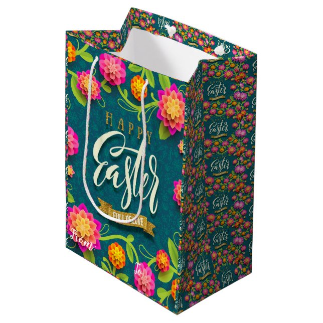 Happy Easter Holiday Bunny Floral Medium Gift Bag (Front Angled)