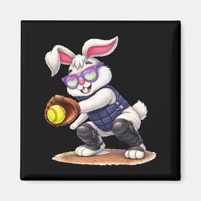 Happy easter holiday bunny playing softball magnet (Front)