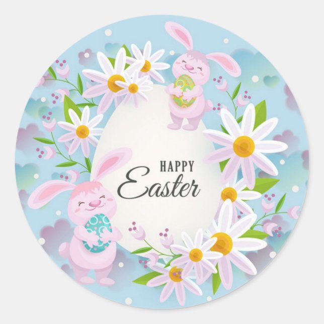 Happy Easter Holiday Trendy Bunny Floral Classic Round Sticker (Front)