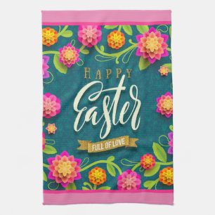 Happy Easter Holiday Trendy Bunny Floral Tea Towel