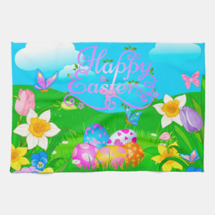 Happy Easter Holiday Trendy Bunny Floral Tea Towel