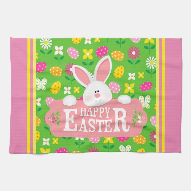 Happy Easter Holiday Trendy Bunny Floral Tea Towel (Horizontal)