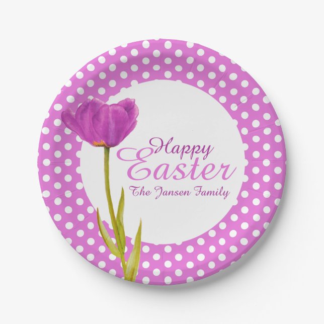 Happy Easter holidays purple party paper plate (Front)