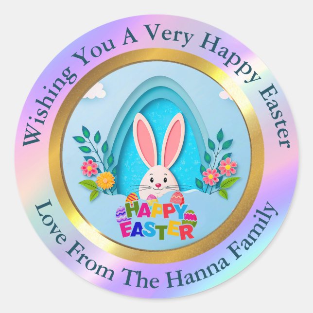 Happy Easter I Custom Bunny & Spring Floral Classic Round Sticker (Front)