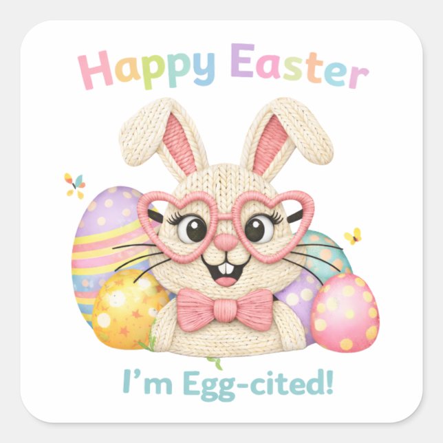 Happy Easter I'm Egg-cited Bunny  Square Sticker (Front)
