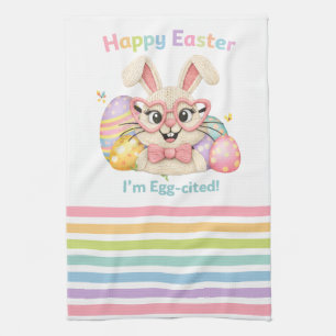 Happy Easter I'm Egg-cited Bunny  Tea Towel