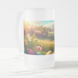 Happy Easter in a Spring Landscape Frosted Glass Beer Mug