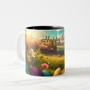 Happy Easter in a Spring Landscape Two-Tone Coffee Mug