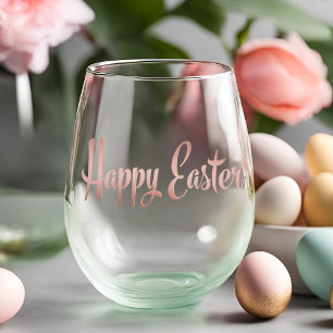 Happy Easter In Elegant Rose Gold Calligraphy Stemless Wine Glass