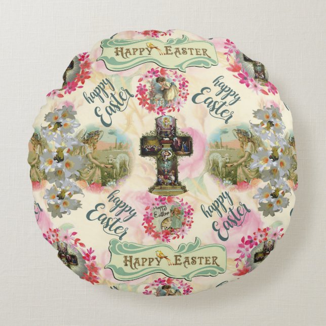 Happy Easter Jesus Resureccion Angel Wreaths  Round Cushion (Front)