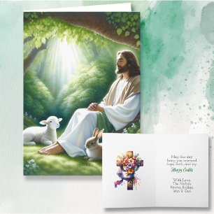 Happy Easter Jesus sitting with Lambs and Bunny Card