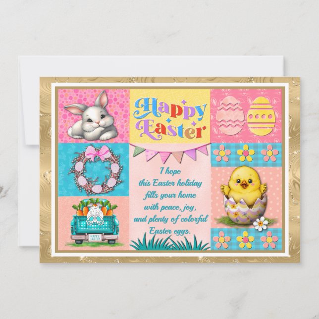 Happy Easter Joy with Bunny, Chick, Eggs & Flowers Holiday Card (Front)
