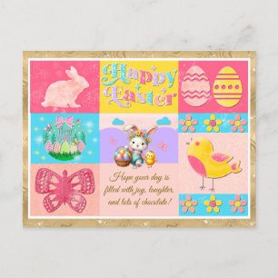 Happy Easter Joy with Bunny, Chick, Eggs & Flowers Holiday Postcard