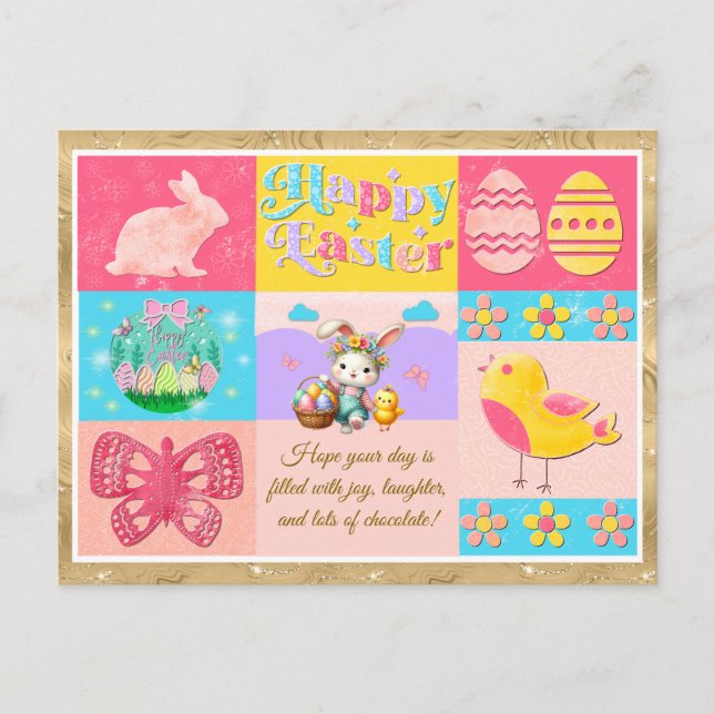 Happy Easter Joy with Bunny, Chick, Eggs & Flowers Holiday Postcard (Front)