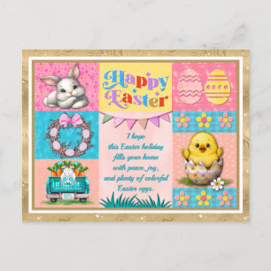 Happy Easter Joy with Bunny, Chick, Eggs & Flowers Postcard