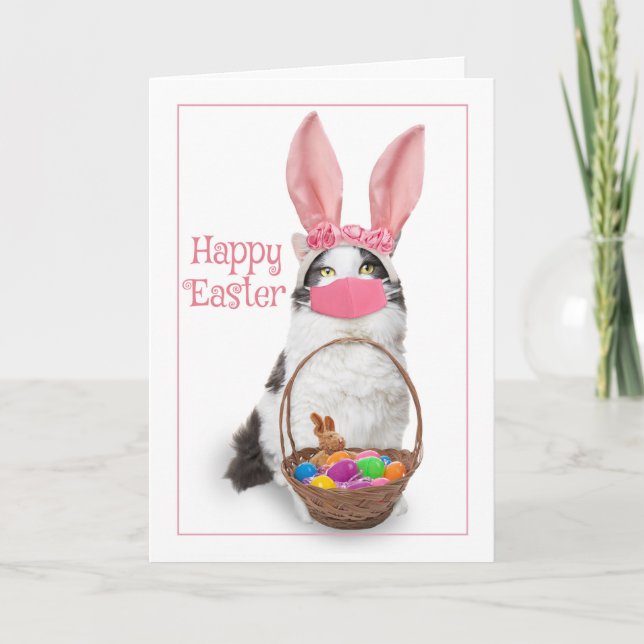 Happy Easter Kitty With Basket Wearing Mask Holiday Card (Front)