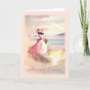 Happy Easter Lady by Shore with Basket Painting Holiday Card
