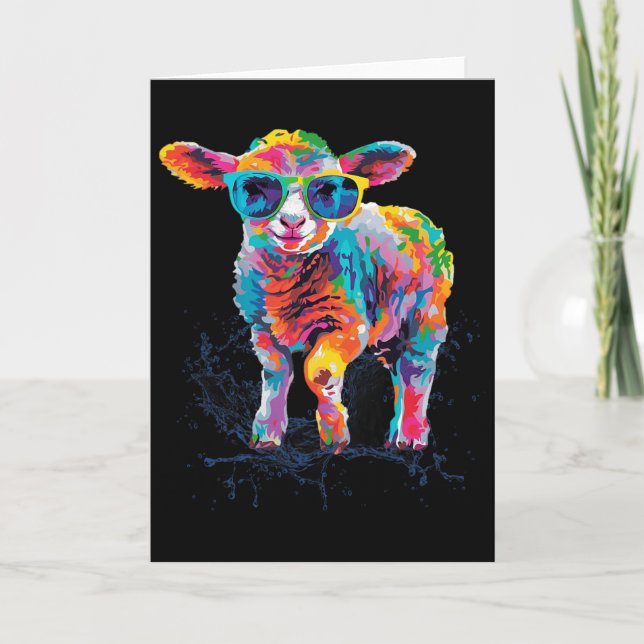 Happy Easter Lamb Sheep Colourful Artwork With Sun Card (Front)