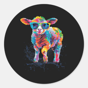 Happy Easter Lamb Sheep Colourful Artwork With Sun Classic Round Sticker