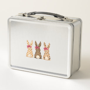 Happy Easter Leopard Bunny Coquette Bow Girl Women Metal Lunch Box