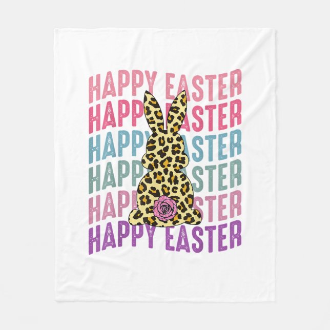 Happy Easter Leopard Bunny Groovy Cute Rabbit  Fleece Blanket (Front)