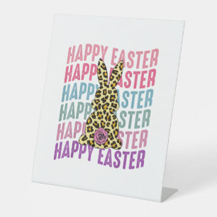 Happy Easter Leopard Bunny Groovy Cute Rabbit Pedestal Sign