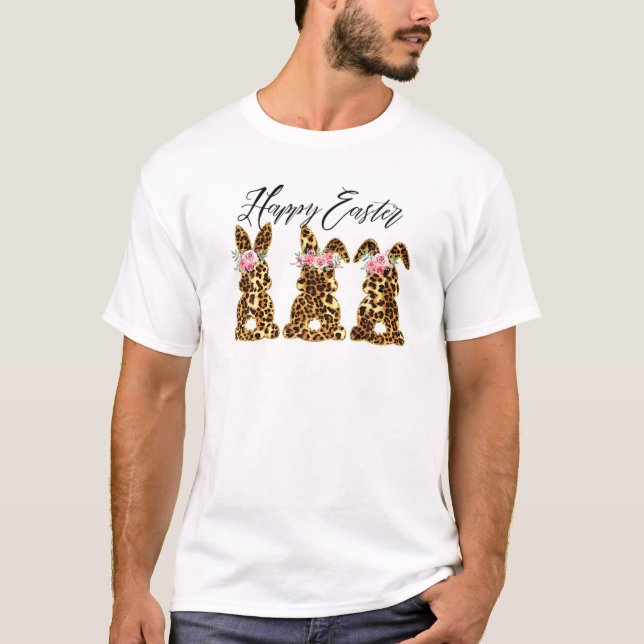 Happy Easter Leopard Bunny Rabbit Trio Cute Easter T-Shirt (Front)