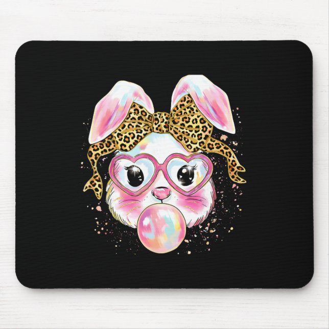 Happy Easter Leopard Coquette Bow Bunny Blowing Bu Mouse Mat (Front)