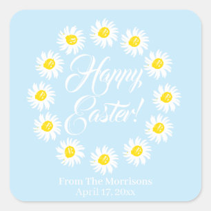 Happy Easter light blue daisy floral frame custom Square Sticker