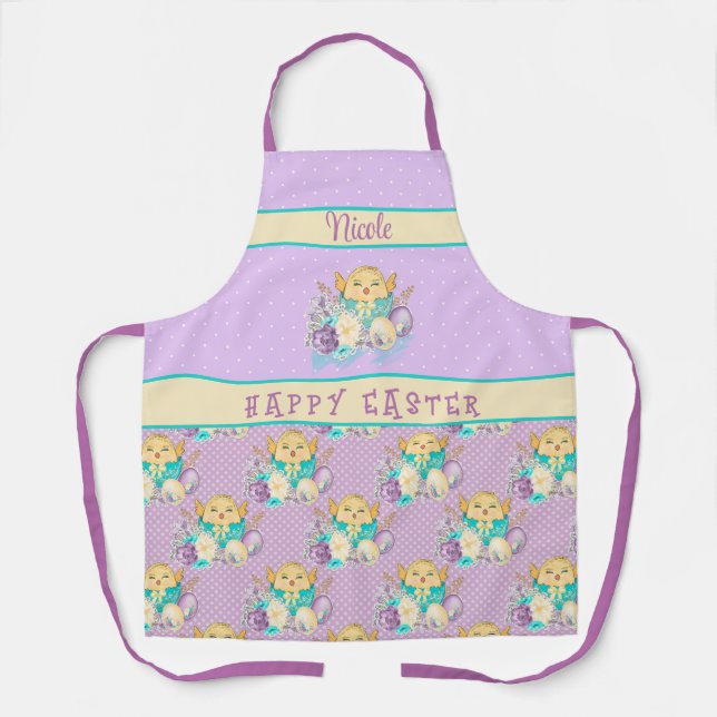 Happy Easter Little Chicks and Purple Polka Dots Apron (Front)