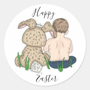 Happy Easter   Little Girl and Easter Bunny   Classic Round Sticker