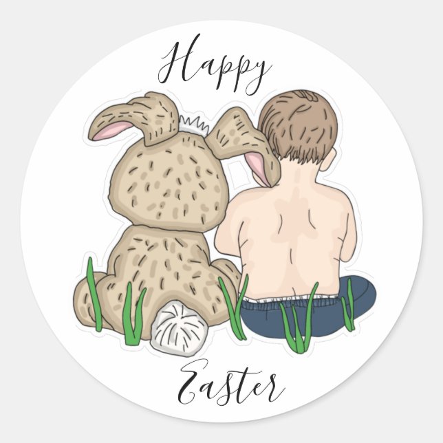 Happy Easter | Little Girl and Easter Bunny   Classic Round Sticker (Front)