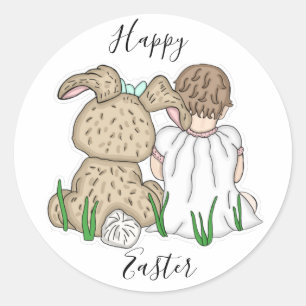 Happy Easter   Little Girl and Easter Bunny Classic Round Sticker