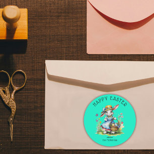 Happy Easter Mint Green Vintage Watercolor Bunny Classic Round Sticker