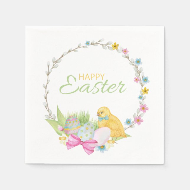 Happy Easter Modern Chick Eggs Floral Wreath Napkin (Front)