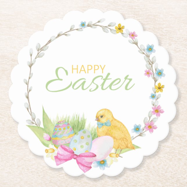 Happy Easter Modern Chick Eggs Floral Wreath Paper Coaster (Front)
