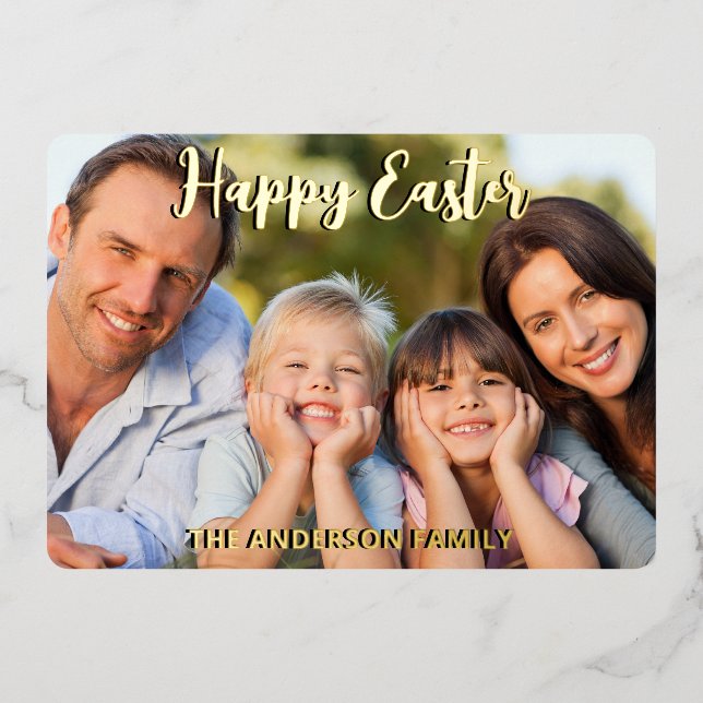 Happy Easter Modern Elegant Script Custom Photo Foil Holiday Card (Front)