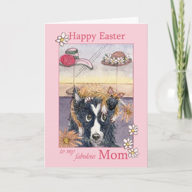 Happy Easter Mom, border collie dog in cat bonnet Holiday Card (Front)