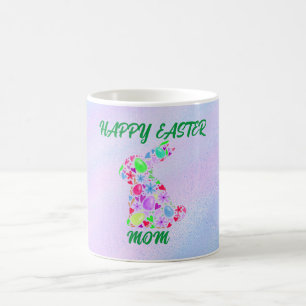 "HAPPY EASTER "MOM" MUG WITH FLOWERED RABBIT.