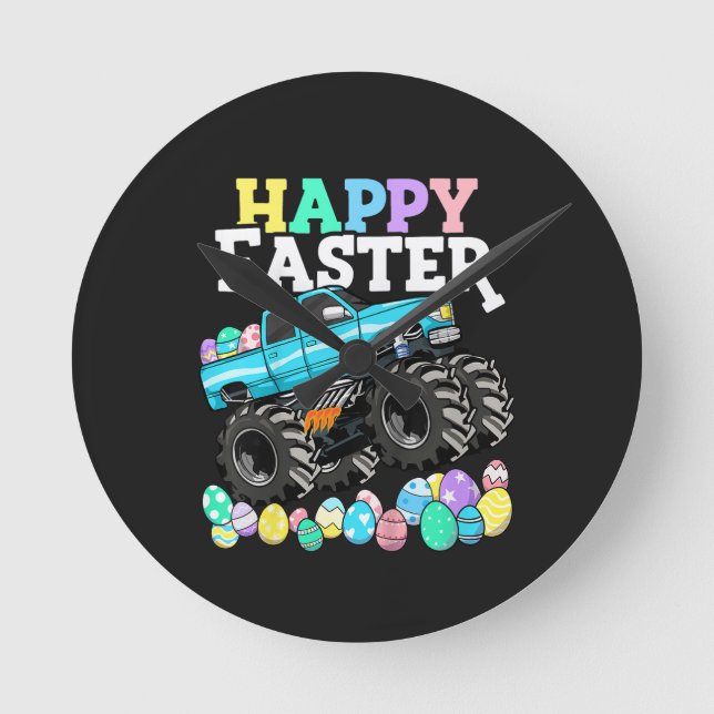 Happy Easter Monster Truck Easter Eggs Round Clock (Front)