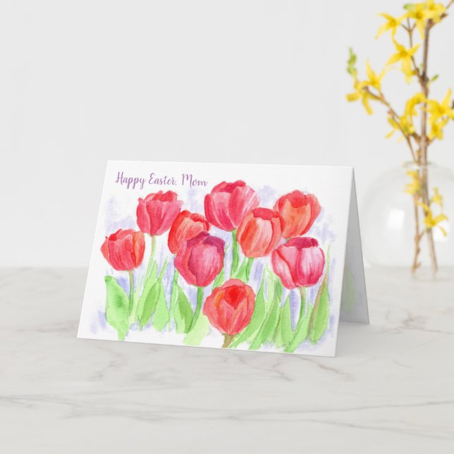Happy Easter Mum Red Tulip Flowers Card (Yellow Flower)