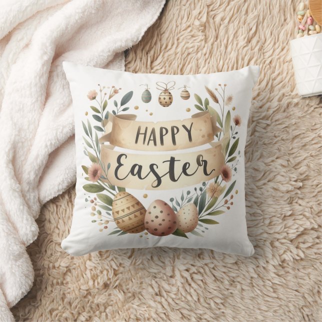 Happy Easter Neutral Rustic  Throw Pillow (Blanket)