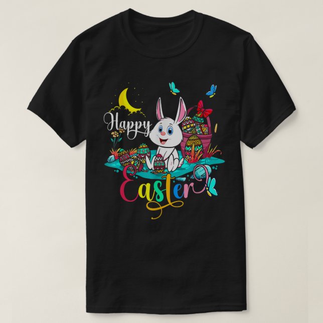 Happy Easter Night Bunny Easter Eggs Basket Happy  T-Shirt (Design Front)