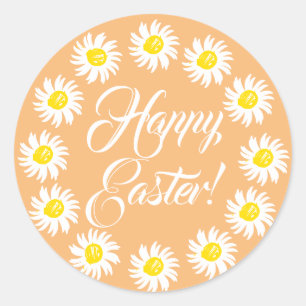 Happy Easter orange script cute daisy floral frame Classic Round Sticker