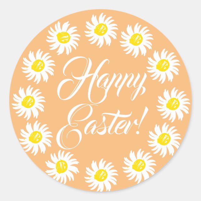Happy Easter orange script cute daisy floral frame Classic Round Sticker (Front)