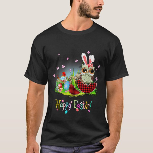 Happy Easter Owl Bunny Ear Red Plaid Easter Egg T-Shirt (Front)